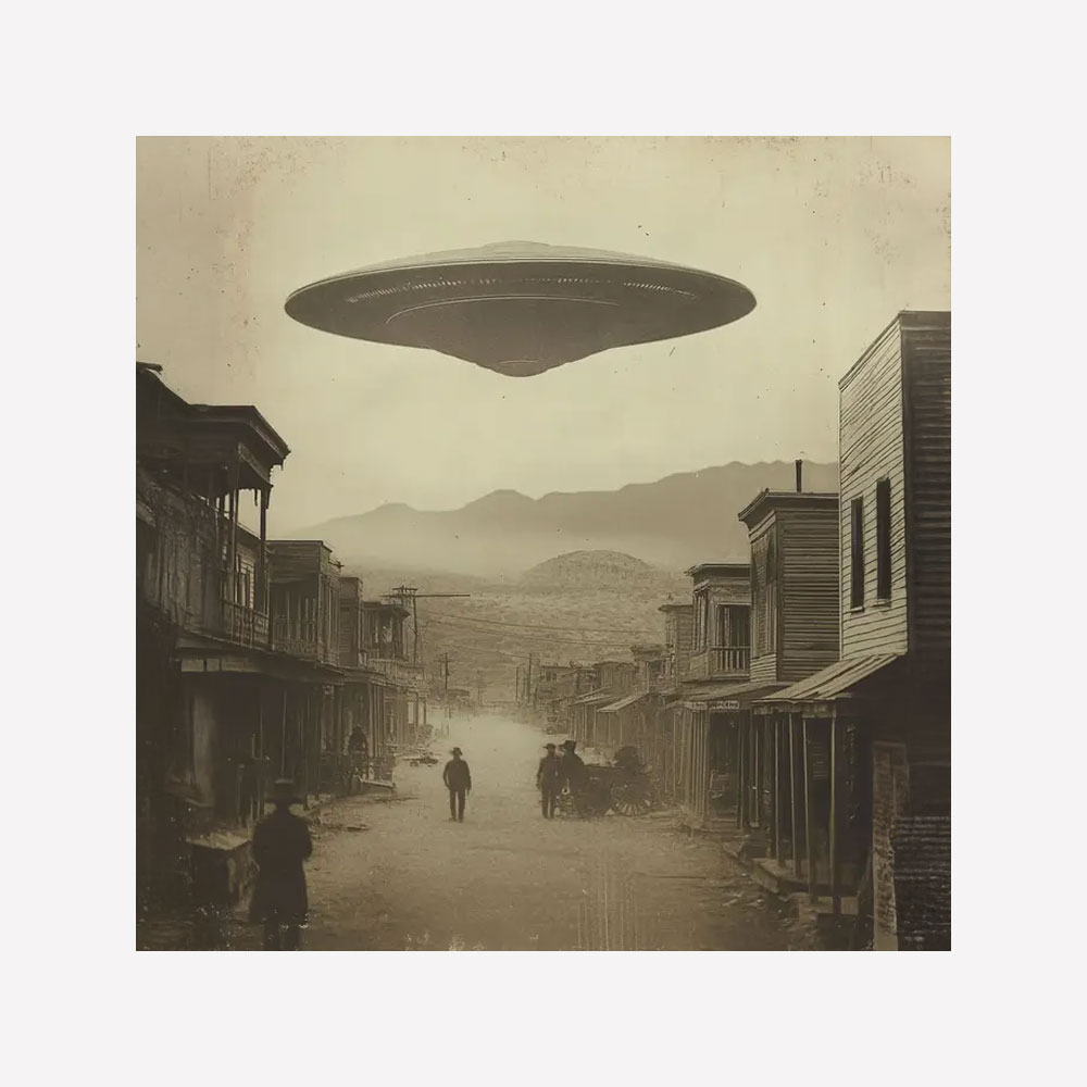 Vintage Flying Saucer Over Old West Town Magnet