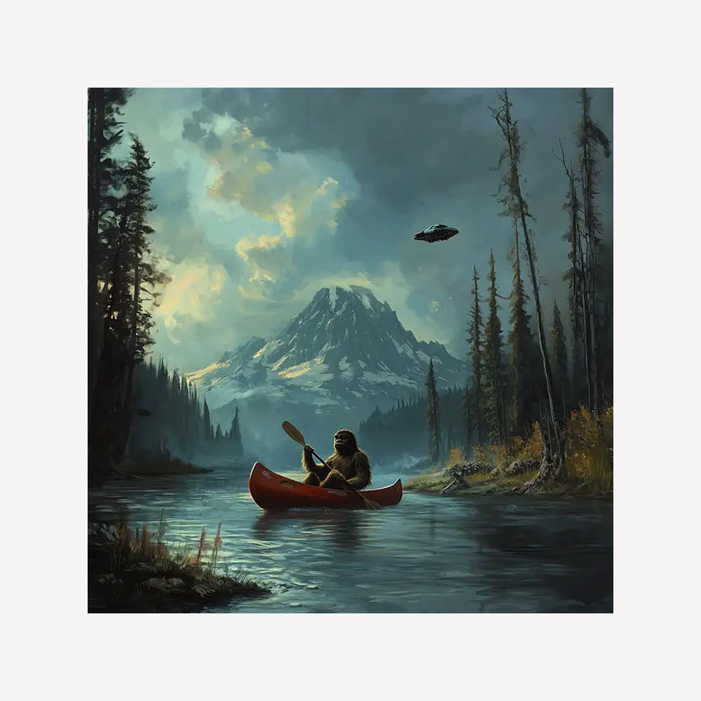 Bigfoot Canoeing under Alien Space Ship Magnet